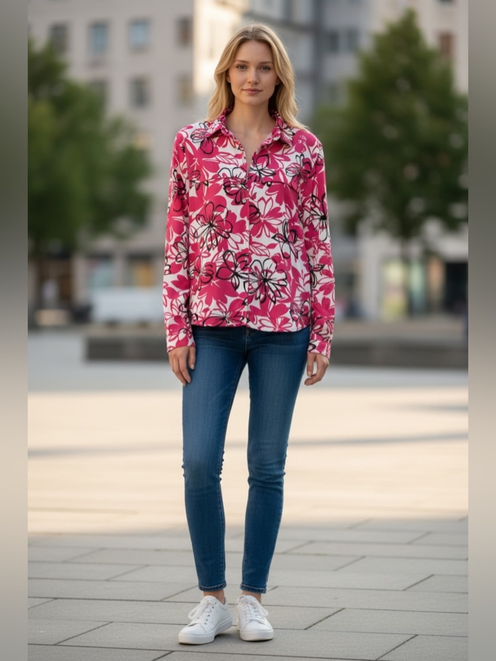 Alfred Dunner Pink, White & Black Floral Button-Down Shirt
